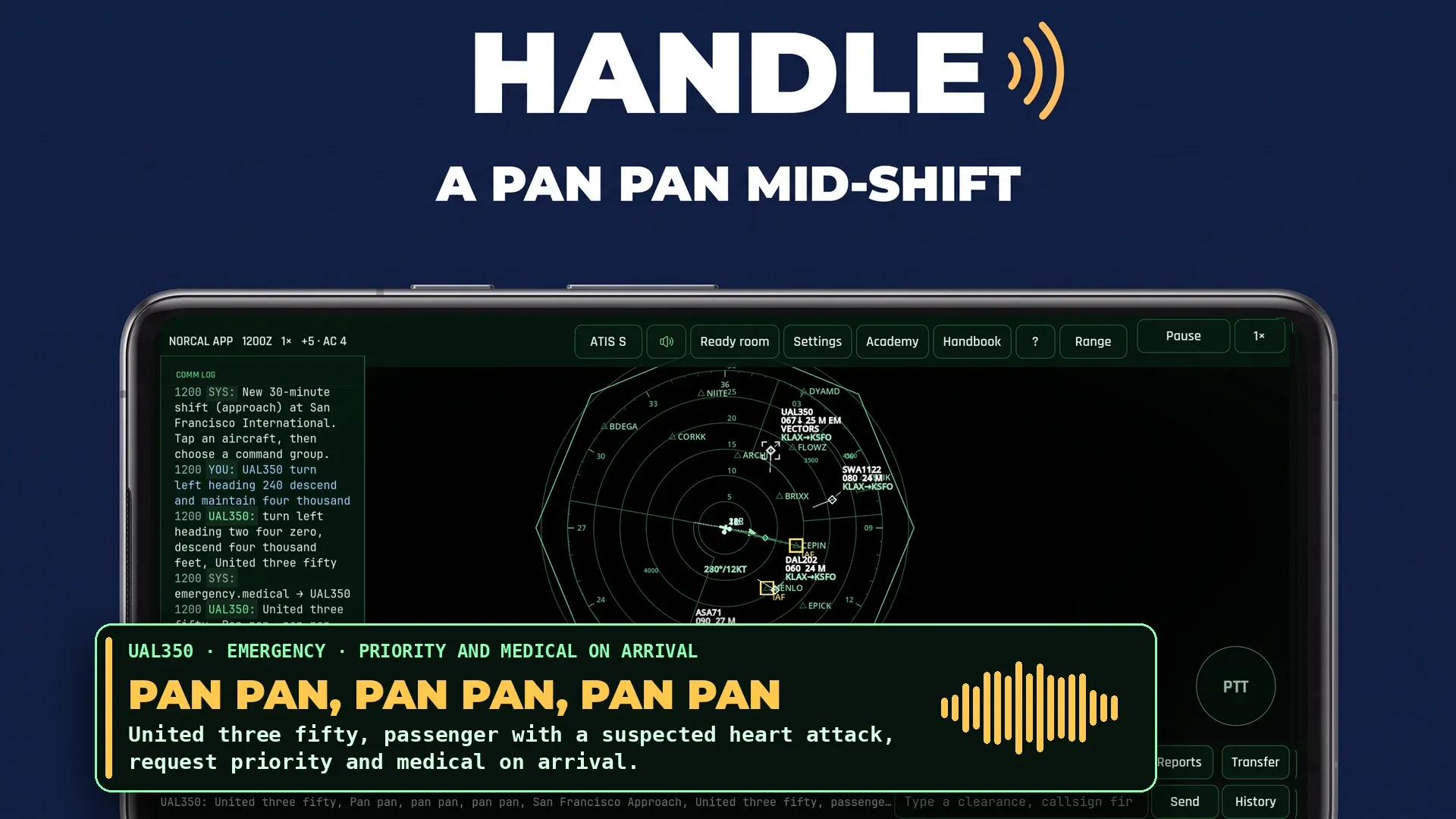 A pan pan call on the approach radar: United three fifty reports a passenger with a suspected heart attack and requests priority