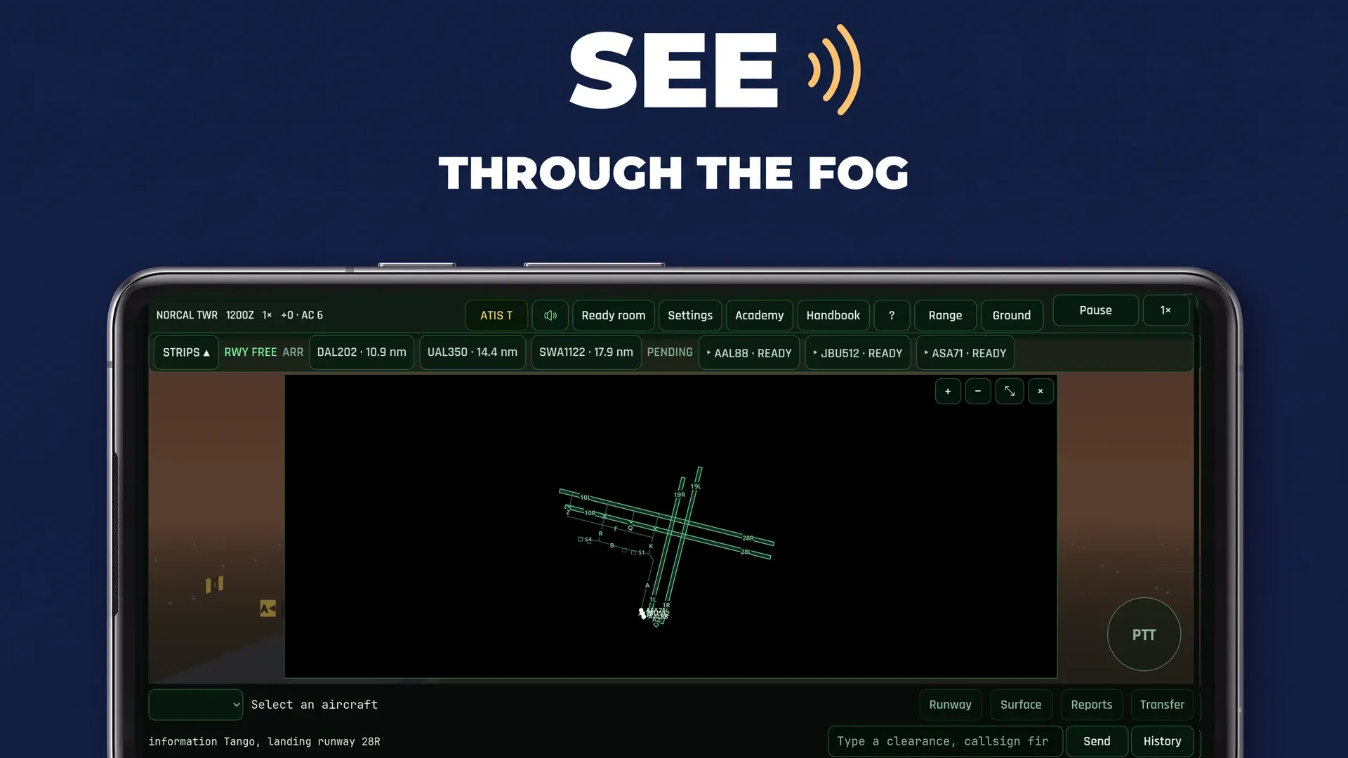 The ground radar expanded in low visibility, showing the runways, the taxiways and the holding point while the window shows fog