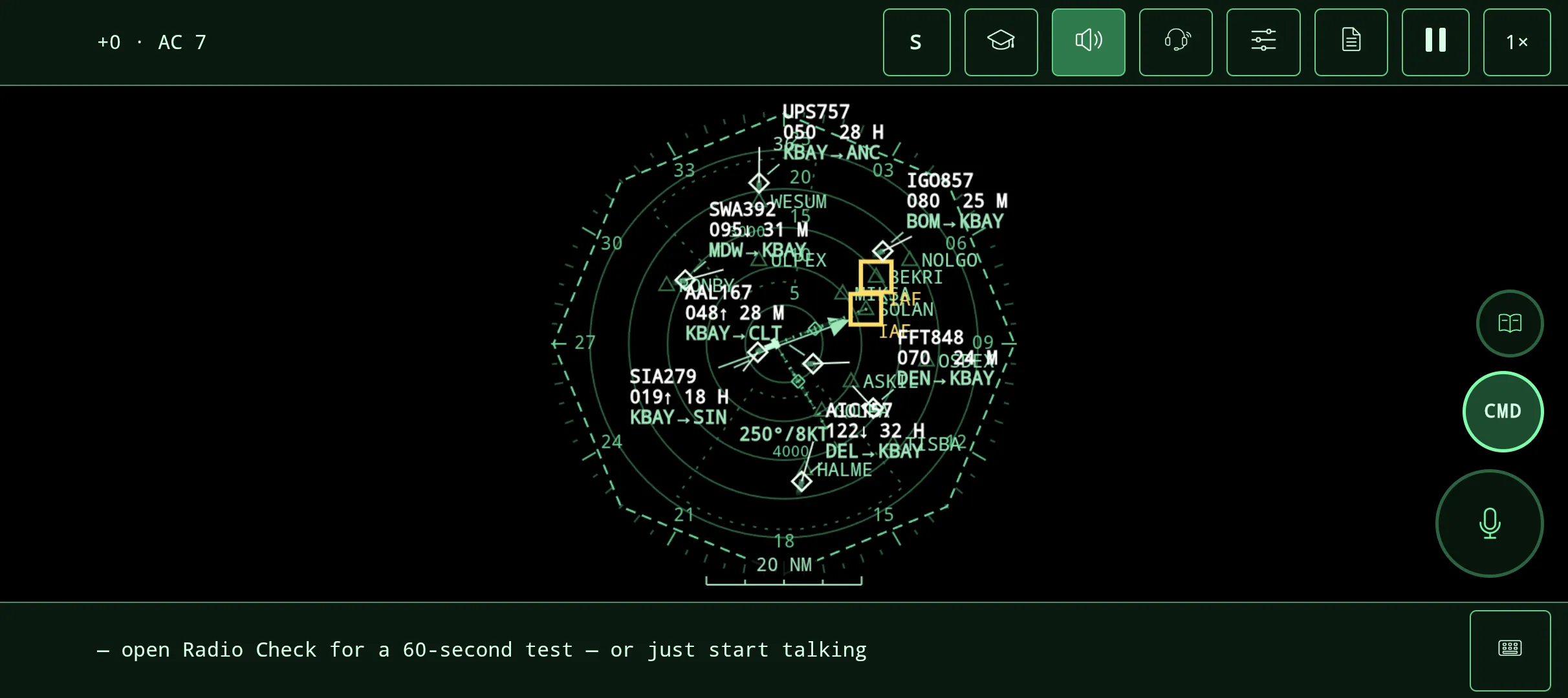 The radar scope with seven aircraft on frequency, each with a data block and a route